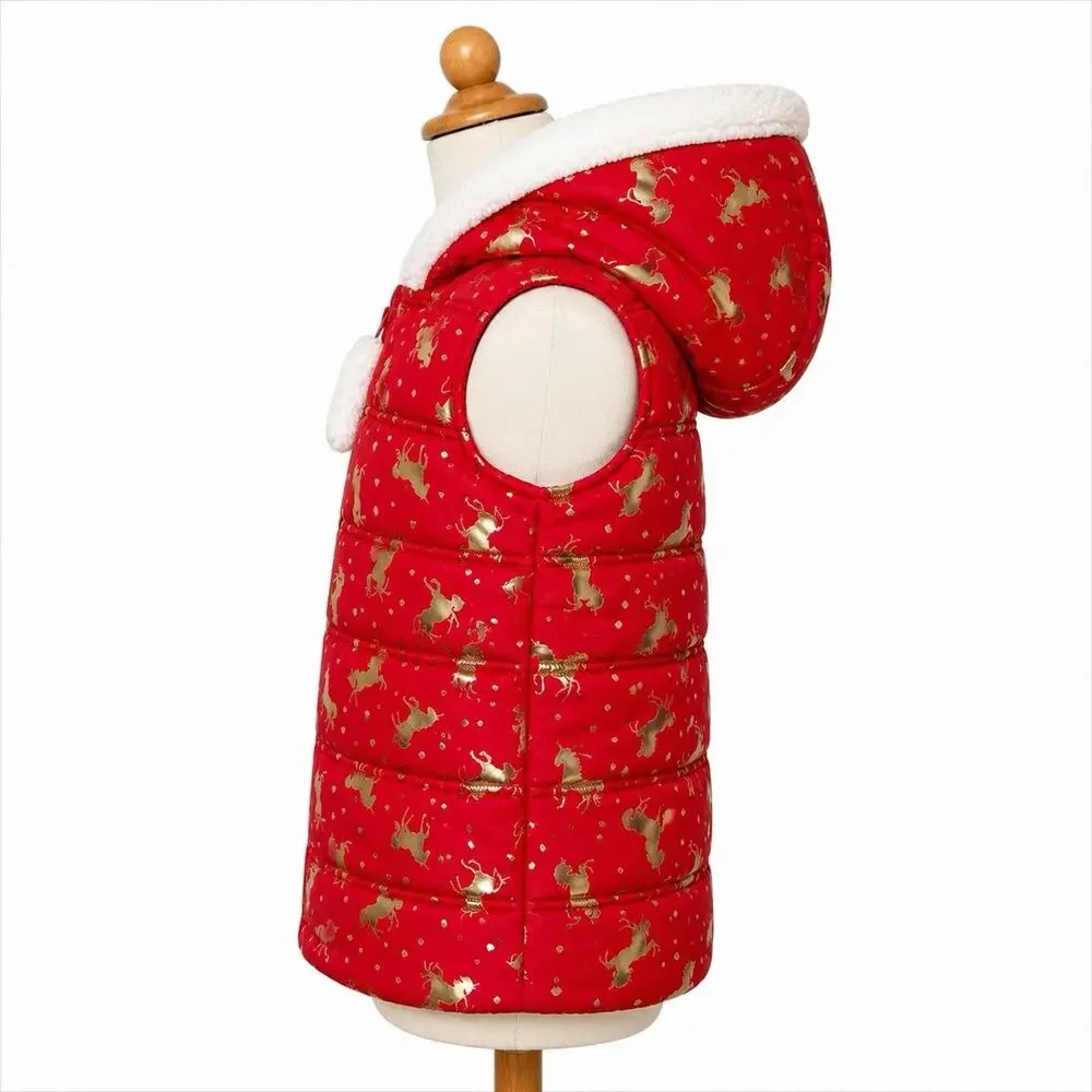 Isaac Mizrahi Girls Quilted Hooded Vest Red Metallic Unicorns Med 7-8 Faux Fur